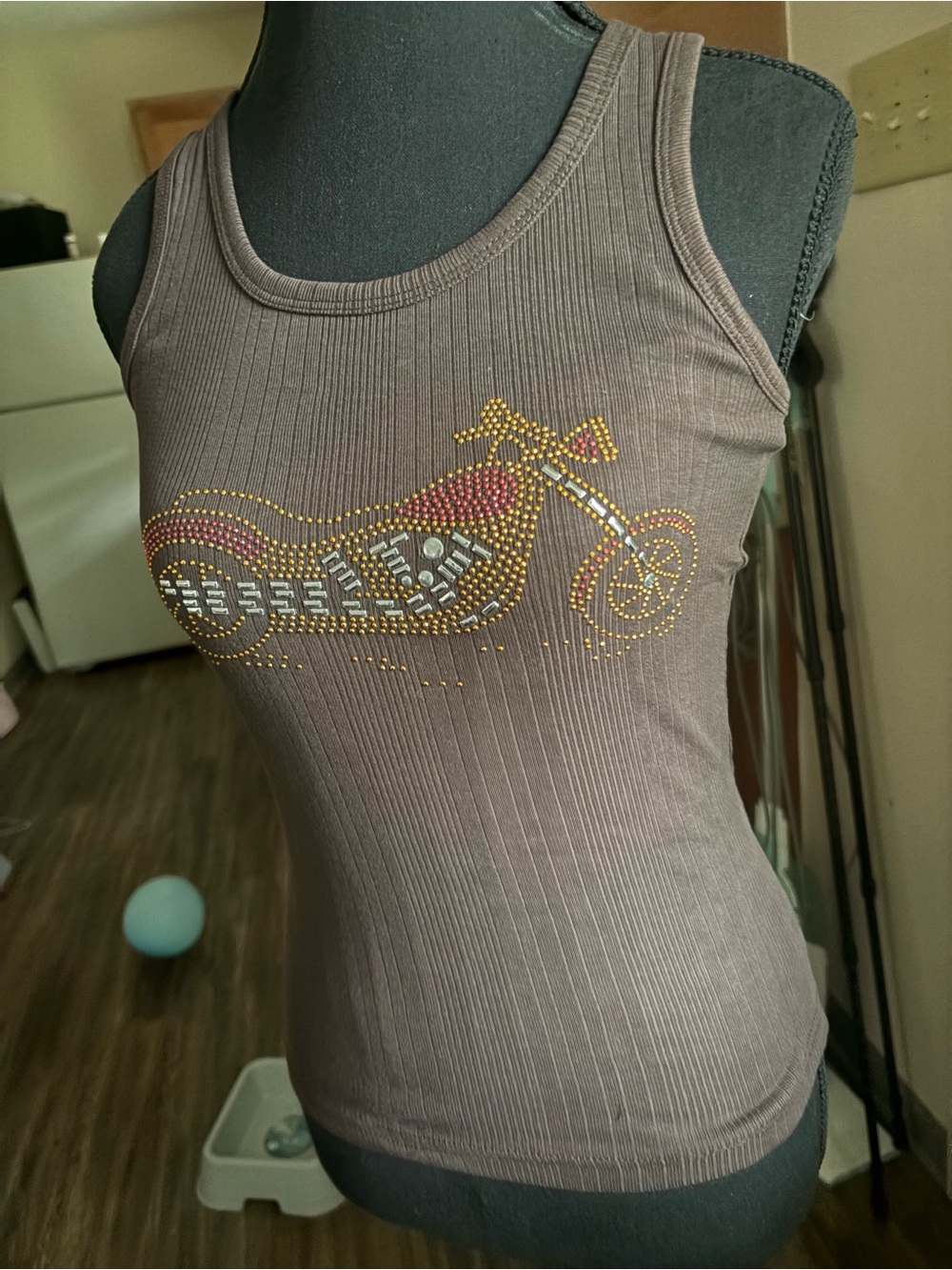 Ribbed Brown Tank Top with Rhinestone Motorcycle Motif